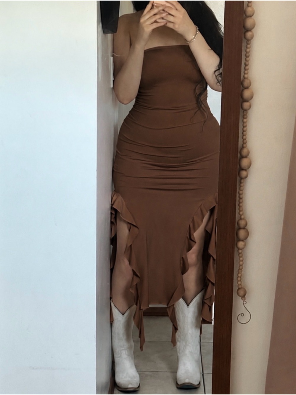 Amazon Brown Ruffle-Trim Midi Dress NWOT